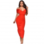 Orange Low-Cut V-Neck Sleeveless Bodycons Women Midi Dress