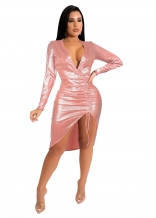 Pink Long Sleeve Deep V-Neck Gilding Sexy Bandage Clubwear