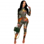 Green Long Sleeve Printed Backless Sexy Bodycon Jumpsuit