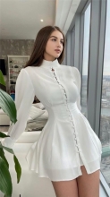 White Long Sleeve Button Mesh Fashion Skirt Mini Dress