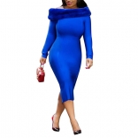 Blue Long Sleeve Off-Shoulder Plush Bodycons Women OL Dress