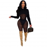 Black Long Sleeve Mesh Hollow-out Bodycons Sexy Jumpsuit