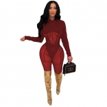 Red Long Sleeve Mesh Hollow-out Bodycons Sexy Jumpsuit