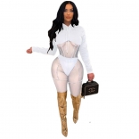 White Long Sleeve Mesh Hollow-out Bodycons Sexy Jumpsuit