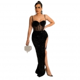 Black Halter Low-Cut V-Neck Mesh Sequins Women Maxi Dress