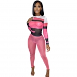 Pink Long Sleeve Mesh Bodycons Sexy Women Club Jumpsuit