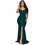 Green Off-Shoulder Low-Cut V-Neck Bodycons Pleated Evening Dress