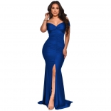 Blue Off-Shoulder Low-Cut V-Neck Bodycons Pleated Evening Dress