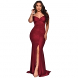 Red Off-Shoulder Low-Cut V-Neck Bodycons Pleated Evening Dress