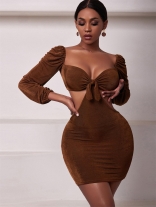 Brown Long Sleeve Low-Cut V-Neck Bodycons Sexy Mini Dress