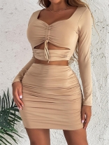 Khaki Long Sleeve Hollow-out Bodycons Sexy Mini Dress