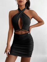 Black Sleeveelss Halter V-Neck Sexy Club Dress