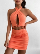 Orange Sleeveelss Halter V-Neck Sexy Club Dress
