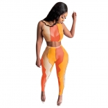 Orange Sleeveless Mesh Printed 2PCS Women Party Jumpsuit