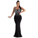 Black Sleeveless Halter V-Neck Rhinestone Women Maxi Evening Dress