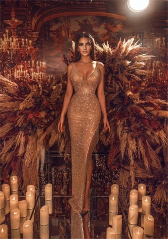 Golden Sleeveless Deep V-Neck Mesh Gilding Maxi Party Dress