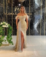 Golden Low-Cut Off-Shoulder Sequin Slit Women Maxi Dress