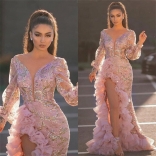 Pink Long Sleeve Low-Cut V-Neck Sequin Foral Women Maxi Dress
