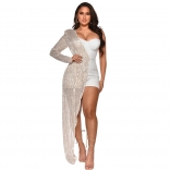 White One Sleeve Sequins V-Neck Sexy Bodycons Romper Dress