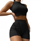Black Sleeveless O-Neck Cotton 2PCS Women Short Sets