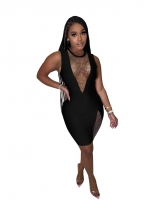 Black Sleeveless Deep V-Neck Rhinestone Mesh Club Mini Dress