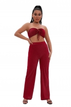 Red Off-Shoulder Boat-Neck Silk Women Fashion Jumpsuit