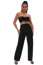 Black Off-Shoulder Boat-Neck Silk Women Fashion Jumpsuit