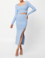 Blue Long Sleeve Boat-Neck Cotton Sexy Midi Dress