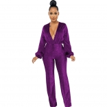Purple Long Sleeve Deep V-Neck Silk Bodycons Women Jumpsuit
