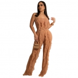 Beige Off-Shoulder Mesh Foral Sleeveless Fashion Sexy Women Jumpsuit