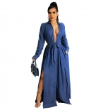 Blue Long Sleeve Deep V-Neck Jeans Women Maxi Dress