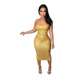 Golden Sleeveless Halter Low-Cut Sequins Bodycon Mini Dress