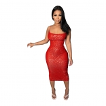 Red Sleeveless Halter Low-Cut Sequins Bodycon Mini Dress