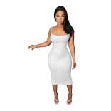 White Sleeveless Halter Low-Cut Sequins Bodycon Mini Dress