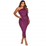 Purple Long Sleeve Boat-Neck Fashion Sexy Women Midi Dress