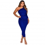 Blue Long Sleeve Boat-Neck Fashion Sexy Women Midi Dress