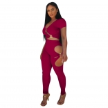 Red Short Sleeve Hollow-out Ring Sexy Women Jumpsuit