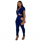 Blue Short Sleeve Hollow-out Ring Sexy Women Jumpsuit