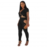 Black Short Sleeve Hollow-out Ring Sexy Women Jumpsuit