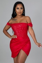 Red Off-Shoulder Boat-Neck Sequins Sexy Mini Dress