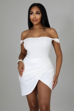 White Off-Shoulder Boat-Neck Sequins Sexy Mini Dress