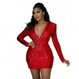 Red Long Sleeve Deep V-Neck Sequin Bodycons Mini Dress