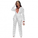 White Long Sleeve Deep V-Neck Lace Hollow-out Women Jumpsuit