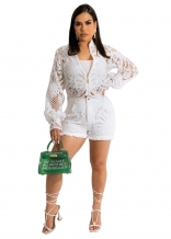 White Long Sleeve Zipper Lace Hollow-out Fashion Short Set
