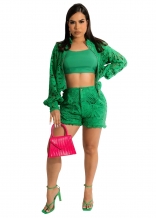 Green Long Sleeve Zipper Lace Hollow-out Fashion Short Set
