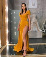Yellow Sleeveless Low-Cut Fashion Women Evening Dress