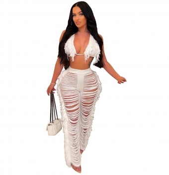 White Low-Cut Halter Sweater Sexy Hollow-out Club Jumpsuit