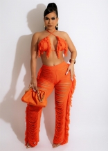 Orange Low-Cut Halter Sweater Sexy Hollow-out Club Jumpsuit