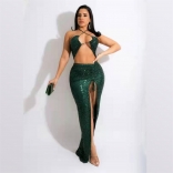 Green Sleeveless Halter Deep V-Neck Sequin Sexy Maxi Dress