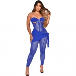 Blue Off-Shoulder Mesh Sexy Bodycon Women Jumpsuit Dress